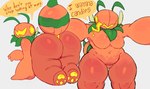 antennae_(anatomy) anthro anus belly big_butt breasts butt female for_a_head leaf nude open_mouth orange_body paws pumpkin_head simple_background smile solo tail text tongue yellow_tongue hanaarts arthropod bee hymenopteran insect object_head