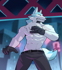 abs anthro belt big_muscles bottomwear building city clenched_teeth clothed clothing fur gloves handwear male muscular muscular_anthro muscular_male navel night outside pants pecs sharp_teeth solo standing teeth topless topless_anthro topless_male tuft jrjresq brand_new_animal studio_trigger shirou_ogami canid canine canis mammal wolf 2022 hi_res