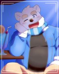 anthro belly big_belly bottomwear clothing kemono male one_eye_closed overweight overweight_male pants scarf shirt sitting solo sweater topwear white_body wink utu_kuma257 utau shirane_kan bear mammal polar_bear ursine 2023 hi_res