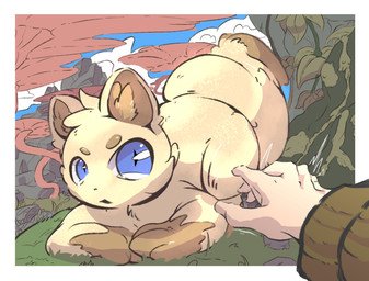 blue_eyes clothing dark_body dark_clothing dark_fur detailed_background duo female feral first_person_view fur looking_at_viewer reaching tan_body tan_fur felid human mammal hi_res
