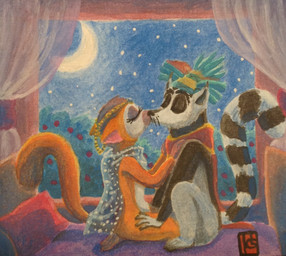 anthro crescent_moon crown curtains duo eyelashes eyes_closed female female_anthro gold_(metal) gold_jewelry hand_on_leg hand_on_shoulder headgear jewelry kissing male male/female male_anthro moon night pillow plant raised_tail romantic romantic_couple scarf side_view sitting tail puku83 all_hail_king_julien dreamworks madagascar_(series) clover_(madagascar) king_julien crowned_lemur lemur mammal primate ring-tailed_lemur strepsirrhine 2016 shaded traditional_media_(artwork)