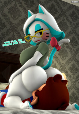 accessory anthro big_breasts big_butt black_eyes blue_hair blue_inner_ear blue_pawpads blue_tail bottomless bow_ribbon breasts brown_hair butt clothed clothing dialogue dipstick_tail duo eyewear facesitting female female_facesitting_male fur furgonomics glasses green_clothing green_shirt green_topwear hair looking_at_another looking_at_partner looking_back male male/female markings multicolored_tail pawpads ribbons rosy_cheeks shirt sitting sitting_on_another tail tail_accessory tail_bow tail_markings tail_ribbon text thick_thighs topwear whiskers white_body white_fur white_hair white_inner_ear white_tail wide_hips relliksb glitch_productions mario_bros nintendo smg4 karen_(smg4) mario domestic_cat felid feline felis human mammal 2024 3d_(artwork) artist_name digital_media_(artwork) english_text hi_res source_filmmaker_(artwork)