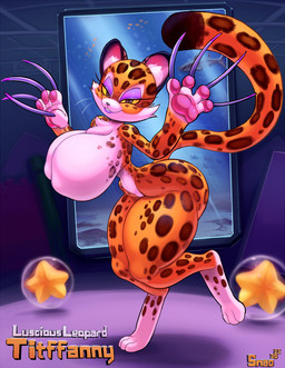 anthro big_breasts big_butt breasts butt claws countershading dipstick_tail featureless_breasts female half-closed_eyes huge_breasts huge_thighs long_claws looking_at_viewer markings multicolored_body narrowed_eyes nude pawpads small_waist smile solo spots spotted_body star tail tail_markings text thick_thighs snao kirby_(series) kirby_and_the_forgotten_land nintendo clawroline felid leopard mammal pantherine 2022 english_text