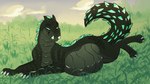 belly big_belly claws cloud dark_body dark_scales fangs feral footprint grass highlights_(coloring) horn male one_eye_closed pawprint plant same_size_vore scales smile smirk solo teeth vore wink hexentatze lizard reptile scalie animated hi_res