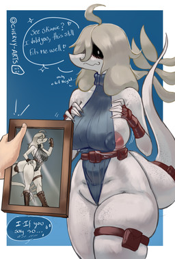 ahoge anthro areola areola_slip belt big_areola big_breasts big_tail blonde_hair blue_background blue_clothing blue_leotard border breasts brown_clothing brown_gloves brown_handwear clothing curvy_figure dialogue duo elderly elderly_anthro elderly_female faceless_character faceless_human faceless_male female fingerless_gloves freckled_arms freckled_breasts freckled_face freckled_legs freckled_shoulders freckled_tail freckled_thighs freckles gloves hair handwear huge_areola huge_breasts huge_hips huge_thighs leotard light-skinned_male light_body light_skin long_hair long_tail male mature_anthro mature_female nipple_outline photo picture_frame scales simple_background smile snout sweater tail tail_tuft text thick_thighs topwear tuft turtleneck voluptuous voluptuous_anthro voluptuous_female white_body white_border white_eyes white_scales wide_hipped_anthro wide_hipped_female wide_hips chervyarts cavemanon_studios snoot_game anon_(snoot_game) louhi_(snoot_game) dinosaur human mammal prehistoric_species reptile saurischian scalie theropod troodon troodontid 2026 artist_name english_text hi_res signature