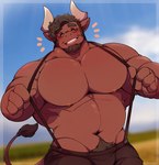 anthro barazoku big_muscles big_pecs blush bottomwear clothed clothing eyes_closed facial_hair hair horn male midriff muscular muscular_anthro muscular_male pants pecs simple_background solo strap_pull suspender_pant suspenders tongue topless topless_anthro topless_male seintaur ryder_(seintaur) bovid bovine cattle mammal digital_media_(artwork) hi_res