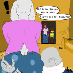 ambiguous_gender anthro bone butt butt_grab clothing female group hair hand_on_butt hidden_eyes interspecies male mature_female not_furry onomatopoeia pattern_clothing pattern_shirt pattern_topwear purple_body shirt skeleton sound_effects tail text topwear white_body luckyhomie deltarune undertale_(series) kris_dreemurr sans_(undertale) susie_(deltarune) toriel animated_skeleton boss_monster_(undertale) bovid human humanoid mammal reptile scalie undead absurd_res digital_media_(artwork) english_text hi_res signature
