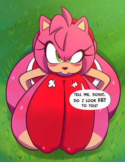 accessory anthro big_breasts big_butt black_nose blush breasts butt clothing dialogue dress eyelashes female front_view grass green_eyes hair hair_accessory hairband hand_on_hip hand_on_own_hip high-angle_view huge_breasts huge_butt hyper hyper_breasts hyper_butt looking_at_viewer multicolored_body nipple_outline outside pink_body pink_ears pink_hair plant puffed_cheeks red_clothing red_dress red_hairband solo speech_bubble talking_to_viewer tan_body tan_inner_ear text tight_clothing two_tone_body monamania sega sonic_the_hedgehog_(series) amy_rose eulipotyphlan hedgehog mammal 2026 absurd_res cel_shading colored digital_media_(artwork) english_text hi_res shaded