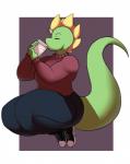 anthro beverage biped blonde_hair bottomwear breasts brown_eyes clothed clothing coffee curvy_figure denim denim_bottomwear denim_clothing female footwear fully_clothed green_body green_scales hair horn jeans long_tail mohawk non-mammal_breasts pants scales shoes simple_background sitting slightly_chubby sneakers solo sweater tail thick_tail thick_thighs topwear voluptuous wide_hips digitalpelican mythology sasha_(digitalpelican) dragon mythological_creature mythological_scalie scalie hi_res