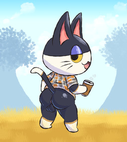 anus backsack balls beverage big_butt black_body black_fur bottomless butt chibi clothed clothing coffee fur genitals lidded_eyes looking_back male multicolored_body multicolored_fur presenting presenting_hindquarters solo white_body white_fur yellow_eyes mincheeto animal_crossing nintendo punchy_(animal_crossing) domestic_cat felid feline felis mammal