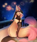 4_toes 5_fingers anthro big_breasts blue_eyes breasts clothed clothing detailed_background eyebrows eyelashes feet female fingers fireworks hair looking_at_viewer multi_tail night outside pink_hair sky smile star starry_sky tail toes aimi lirrin_aqui canid canine dreamspinner fox mammal 2022 digital_media_(artwork) hi_res