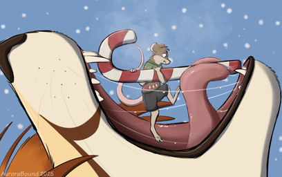 anthro blue_eyes bodily_fluids brown_body brown_fur candy candy_cane christmas_clothing christmas_sweater christmas_topwear clothing dessert duo extreme_size_difference food fur holidays licking macro micro open_mouth oral_vore saliva saliva_string size_difference sweater tongue topwear vore wide_eyed aurorabound christmas autumn_(praexon) pip_(praexon) canid canine fox mammal mouse murid murine rodent hi_res