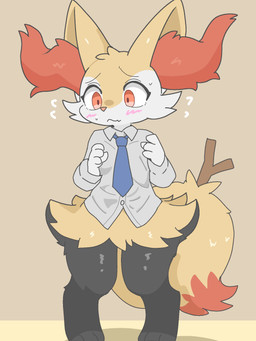 3_toes 4_fingers ambiguous_anthro ambiguous_gender anthro big_tail biped black_body black_fur blush bodily_fluids bottomless bottomless_ambiguous bottomless_anthro cheek_tuft closed_frown clothed clothed_anthro clothing collared_shirt digitigrade dipstick_tail dress_shirt eyebrows eyelashes facial_tuft feet fingers flat_chested flesh_fang flying_sweatdrops front_view frown fur furrowed_eyebrows hip_tuft inner_ear_fluff knock-kneed markings mouth_closed multicolored_body multicolored_fur necktie object_in_tail orange_body orange_eyes orange_fur orange_inner_ear_fluff orange_nose orange_tail_tip pointy_ears prick_ears raised_inner_eyebrows shirt simple_background solo standing stick stick_in_tail sweat sweatdrop tail tail_markings toes topwear tuft two_tone_tail white_body white_fur yellow_body yellow_fur yellow_tail sankoh_test nintendo pokemon braixen canid generation_6_pokemon mammal pokemon_(species) 2026 3:4 aliasing cel_shading colored digital_drawing_(artwork) digital_media_(artwork) full-length_portrait hi_res japanese_description portrait shaded