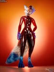 anthro athletic blue_body blue_fur clothed clothing funny_face fur glistening glistening_body glowing hair latex latex_clothing latex_skinsuit looking_at_viewer pose posed rubber_clothing simple_background skinsuit smile solo tail text tight_clothing tongue tongue_out warm_lighting white_body white_fur daytia c4d canid canine canis fox mammal rexouium 3:4 3d_(artwork) cinema_4d_(artwork) digital_media_(artwork) hi_res url