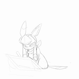band-aid band-aid_on_face band-aid_on_nose bandage bandage_on_face bandage_on_nose blush blush_lines bodily_fluids drawing_(action) drawing_tablet embarrassed female feral flustered freckles heart_symbol holding_drawing_pen holding_object leaning leaning_backward looking_at_viewer looking_away male pawpads pointy_ears question_mark scarf sitting sitting_on_ground sketch_animation solo speech_bubble sweat sweat_emanata sweatdrop zurodoro nintendo pokemon fjord_(zurodoro) wish_(zurodoro) eeveelution generation_4_pokemon glaceon pokemon_(species) 1:1 2026 animated sketch
