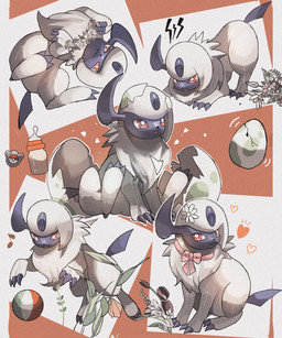 ambiguous_gender baby_bottle ball bow_ribbon claws egg feral flower flower_accessory fur grass hatched heart_symbol horn musical_note musical_symbol open_mouth plant red_eyes simple_background solo symbol tail white_body white_fur young young_feral mmocc123 nintendo pokemon absol generation_3_pokemon pokemon_(species) 2025 hi_res