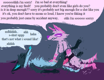 anal anal_penetration anthro blue_body blue_fur bodily_fluids cum dialogue dominant dominant_female duo ejaculation female female_penetrating female_penetrating_male fur genital_fluids genitals leg_grab male male/female male_penetrated mocking object_in_ass pegging penetration penis pink_body pink_fur pink_penis sex sex_toy sex_toy_in_ass sex_toy_insertion strapon talking_to_another text toying_partner demensa emil_(demensa) canid canine canis coyote domestic_dog hybrid mammal 2023 english_text