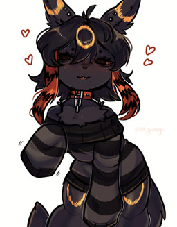 anthro black_body black_clothing black_eyes black_fur black_hat black_headwear bottomwear chain_jewelry clothing collar ear_piercing female front_view fur hat head_tuft headgear headwear heart_symbol highlights_(coloring) looking_at_viewer orange_highlights oversized_clothing pants pattern_clothing piercing simple_background solo spiked_collar spikes striped_clothing stripes tuft white_background yellow_body yellow_fur h0t-garbage nintendo pokemon eeveelution generation_2_pokemon pokemon_(species) umbreon hi_res shaded signature