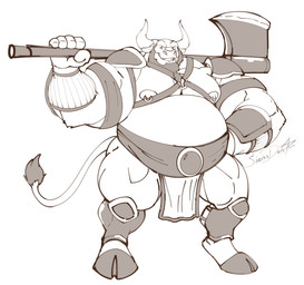anthro axe beard belly big_belly biped bottomwear clothed clothing facial_hair horn loincloth looking_at_viewer male melee_weapon muscular muscular_anthro muscular_male nipple_piercing nipples overweight overweight_anthro overweight_male piercing smile solo standing weapon siriusdog bovid bovine cattle mammal monochrome