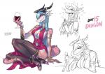 alcohol anthro beverage big_breasts breasts cleavage clothed clothing duo female holding_glass holding_object holding_wine_glass horn larger_female macro male size_difference solo tail wine ryuusei_(mark_ii) mythology dragon_girl_(ryuusei) dragon human mammal mythological_creature mythological_scalie scalie 2019 digital_media_(artwork)