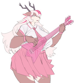 anthro big_breasts breasts brown_body brown_fur clothed clothing electric_guitar female fur guitar hair holding_object horn multicolored_hair musical_instrument open_mouth open_smile pink_hair plucked_string_instrument simple_background smile solo string_instrument thick_thighs two_tone_hair white_hair wide_hips carsen deer mammal absurd_res hi_res