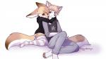 ambiguous_gender anthro blush clothed clothing duo fur hair hug male male/ambiguous sitting smile nanokyuu taykoe canid canine fennec_fox fox mammal true_fox 16:9 artist_collaboration widescreen