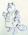 4_fingers anthro apron biped clothing fingers gesture male shirt slightly_chubby solo spatula tools topwear waving fritap4p4 robot_dreams rascal_(robot_dreams) mammal procyonid raccoon 2024 hi_res