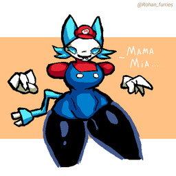 anthro blue_eyes bottom_heavy breasts clothing cosplay costume eyelashes facial_hair female hat headgear headwear huge_hips huge_thighs looking_at_viewer machine mustache overalls pose shortalls solo tail thick_thighs wide_hips rohan_furries deltarune mario_bros nintendo undertale_(series) mario tasque_manager darkner felid feline mammal robot 1:1 2022 digital_media_(artwork) hi_res pinup