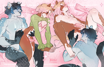 5_fingers all_fours anal anal_penetration anatomically_correct anthro anthro_on_anthro anthro_penetrated anthro_penetrating anthro_penetrating_anthro anus balls biped blue_body blue_fur blush blush_lines bodily_fluids butt claws clothed clothing clothing_in_mouth crossdressing crossdressing_male cum duo ear_piercing erect_nipples erection feet femboy fingers from_behind_position fur furniture genital_fluids genitals grey_body hair happy happy_sex humanoid_genitalia humanoid_penis inside licking looking_up lying male male/male male_penetrated male_penetrating male_penetrating_male muscular muscular_anthro navel nipple_piercing nipples nude on_back on_side open_mouth oral partially_clothed pawpads paws penetration penile penile_penetration penis piercing pink_nose pose rimming sex simple_background smile spots tail tongue tongue_out topwear underwear underwear_down white_body altkir adele_(altkir) liam_(altkir) equid equine felid horse leopard mammal pantherine pony snow_leopard hi_res pinup