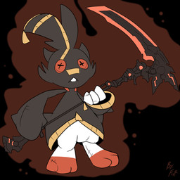 ambiguous_gender anthro biped buckteeth button_(fastener) button_eyes cheek_tuft clothed clothing digitigrade facial_tuft front_view holding_melee_weapon holding_object holding_polearm holding_scythe holding_weapon melee_weapon plushie polearm scythe simple_background solo standing teeth tuft weapon white_body fuf nintendo pokemon animate_inanimate banette generation_3_pokemon generation_8_pokemon hybrid living_plushie pokemon_(species) scorbunny 1:1 2019 hi_res