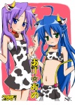 :3 animal_print blue_eyes blue_hair blush bottomwear breasts clothing cow_print cowbell dress duo female green_eyes hair horn midriff pigtails purple_hair skirt small_breasts suspenders topwear tube_top n_kiichi lucky_star kagami_hiiragi konata_izumi animal_humanoid bovid bovid_humanoid bovine bovine_humanoid cattle_humanoid humanoid mammal mammal_humanoid 2009 digital_media_(artwork)