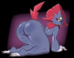 all_fours anthro big_butt butt claws female forehead_gem gem looking_at_viewer mean_look nude purple_eyes simple_background solo tail buffysaintfury nintendo pokemon generation_4_pokemon mammal pokemon_(species) weavile 2024 digital_media_(artwork) hi_res