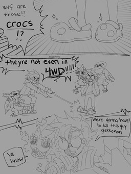 accessory anthro argument clothing dialogue eyewear footwear glasses group headband humor male text anti-creep bandai_namco crocs digimon digimon_beatbreak raito_souda tomoro_tenma digimon_(species) gekkomon human mammal monodramon scalie absurd_res comic english_text hi_res monochrome
