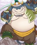 anthro belly big_belly bulge clothed clothing ear_piercing ear_ring hat headgear headwear kemono male moobs overweight overweight_male piercing ring_piercing solo weapon shirokumaou final_fantasy final_fantasy_tactics square_enix seeq 2023 hi_res