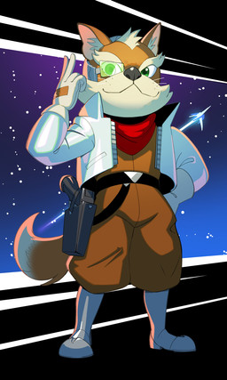 5_fingers anthro arms_bent belt black_belt black_nose blue_clothing blue_jacket blue_tail_tip blue_topwear boots brown_body brown_fur brown_jumpsuit brown_tail cheek_tuft closed_smile clothed clothed_anthro clothed_male clothing dipstick_tail eyebrows eyewear facial_tuft fingers footwear fully_clothed fully_clothed_anthro fully_clothed_male fur gloves green_eyes grey_boots grey_clothing grey_footwear gun hair hand_on_hip hand_on_own_hip handgun handwear holstered_pistol inner_ear_fluff jacket kerchief light looking_at_viewer male male_anthro markings mouth_closed multicolored_body multicolored_fur neckerchief neckwear open_clothing open_jacket open_topwear pink_inner_ear pistol pockets ranged_weapon red_kerchief red_neckerchief shoes short_hair smile smiling_at_viewer solo space spacecraft star straight_legs tail tail_markings thick_eyebrows topwear tuft two_tone_body two_tone_fur two_tone_tail vehicle weapon whiskers white_body white_clothing white_eyebrows white_fur white_gloves white_hair white_handwear white_inner_ear_fluff inkarat_mittongtare nintendo star_fox the_super_mario_galaxy_movie fox_mccloud canid canine fox mammal 2026 3:5 absurd_res colored crossover digital_drawing_(artwork) digital_media_(artwork) english_description full-length_portrait hi_res lighting portrait shaded