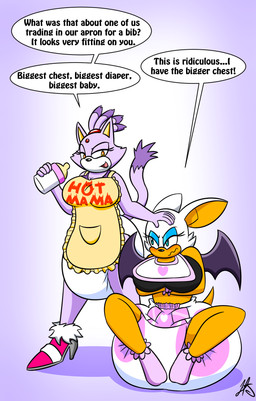 accessory amber_eyes anthro apron bat_ears bat_wings bib big_diaper blue_eyelids booties bottle clothing container crossed_arms diaper duo embarrassed fangs female footwear forehead_gem fur gem green_eyes hair_accessory hair_tie hair_tuff heart_symbol heel_fur high_heels huge_diaper membrane_(anatomy) membranous_wings open_mouth pouty purple_body purple_fur royalty shoes smug speech_bubble tail tail_tuft tan_body teeth text tuft white_body white_fur wings mephy44 sega sonic_the_hedgehog_(series) blaze_the_cat rouge_the_bat bat domestic_cat felid feline felis mammal english_text hi_res signature