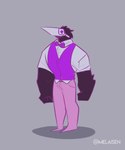 anthro bottomwear bow_tie clothing fist grey_background male mask muscular muscular_anthro muscular_male pants pink_bottomwear pink_clothing pink_pants purple_bow_tie purple_clothing purple_line_art purple_topwear purple_vest shadow simple_background solo standing topwear vest melaisen deltarune undertale_(series) fan_character avian bird swatchling 2021 5:6 absurd_res artist_name colored_line_art colored_sketch full-length_portrait hi_res portrait sketch