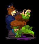 anthro bear_hug biped black_nose bottomwear brown_body clothing duo feet hat headgear headwear kemono male musclegut muscular overweight overweight_male pants shirt topwear nanadragon4 brok_the_investigator cowcat_games brok_(brok_the_investigator) r.j._(brok_the_investigator) alligator alligatorid bear crocodilian mammal reptile scalie 2024 animated short_playtime