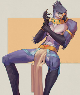 anthro athletic athletic_anthro athletic_male beak blue_body blue_fur bottomwear bulge clothing fur loincloth male nipple_piercing nipples piercing ring sitting solo runasolaris egyptian_mythology middle_eastern_mythology mythology horus avian bird deity falcon falconid 2025 digital_drawing_(artwork) digital_media_(artwork) hi_res