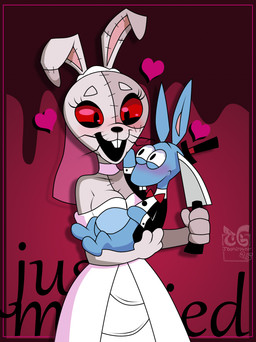 anthro blue_body blue_fur blush breasts buckteeth bunny_costume clothed clothing costume dress duo fake_ears fake_rabbit_ears female fur holding_object knife male male/female open_mouth simple_background smile suit teeth weapon wedding wedding_dress toongrowner edna_&_harvey:_the_breakout five_nights_at_freddy's five_nights_at_freddy's:_security_breach scottgames steel_wool_studios harvey(eahtb) vanny_(fnaf) human lagomorph leporid mammal rabbit crossover digital_media_(artwork) hi_res