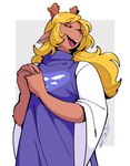 anthro antlers blonde_hair blue_clothing blue_robe brown_body brown_ears brown_fur brown_inner_ear clothed clothing delta_rune_(emblem) eyelashes eyes_closed female female_anthro fingers freckles front_view fully_clothed fur hair hands_together horn humanoid_hands kemono long_hair monotone_body monotone_fur monotone_hair open_mouth open_smile prayer_hands purple_clothing purple_robe red_nose robe simple_background smile solo standing symbol teeth tongue white_clothing white_robe suda deltarune undertale undertale_(series) noelle_holiday deer mammal new_world_deer reindeer 2025 colored digital_media_(artwork) half-length_portrait hi_res portrait shaded signature simple_shading