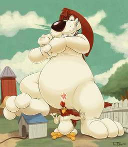 3_toes 4_fingers anthro avian_caruncle beak belly comb_(anatomy) dewlap_(anatomy) doghouse duo feet fingers fur gesture grin head_crest interrobang macro macro_anthro macro_male male male_anthro outside plant raised_finger raised_pinky silo simple_background size_difference smile toes tree wattle yellow_beak teaselbone looney_tunes warner_brothers barnyard_dawg foghorn_leghorn avian basset_hound bird canid canine canis chicken domestic_dog galliform hunting_dog leghorn_chicken mammal phasianid scent_hound 2019 digital_media_(artwork) signature