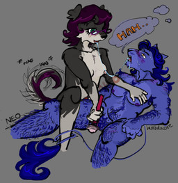 5_fingers andromorph andromorph/gynomorph anthro anthro_on_anthro belly belly_hair blue_hair blush blush_lines bodily_fluids body_hair breasts cheek_tuft chest_hair chest_tuft clitoris coiled_tail curly_hair dialogue dominant dominant_gynomorph dominant_intersex duo emanata eyewear facial_tuft fingers fluffy fluffy_tail fur genitals glasses green_eyes grey_body grey_fur gynomorph hair holding_object holding_sex_toy holding_vibrator intersex intersex/intersex leg_hair long_tail lying moob_grope moobs multicolored_body multicolored_fur nipples one_eye_obstructed peeking_penis pubes purple_hair saliva saliva_on_tongue saliva_string sex_toy short_hair short_tail simple_background smile speech_bubble straddling straddling_leg submissive submissive_andromorph submissive_intersex tail tail_motion tailwag tuft vibrator vulva wand_vibrator wearing_glasses white_body white_fur white_sclera yellow_eyes iambdacore missysissy valleyos callan_dion tavin_lowell canid canine canis domestic_dog felid lion mammal pantherine schnauzer hi_res trans_(lore) trans_man_(lore) trans_woman_(lore)