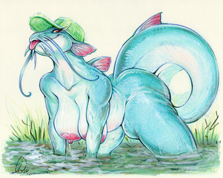 anthro areola big_breasts big_butt big_tail breasts butt clothing creek female hanging_breasts hat hat_only headgear headgear_only headwear headwear_only mostly_nude nipples non-mammal_breasts non-mammal_nipples nude overweight overweight_anthro overweight_female simple_background slightly_chubby solo tail thick_thighs tongue tongue_out water wide_hips gravewalker aquatic catfish fish colored_pencil_(artwork) traditional_media_(artwork)