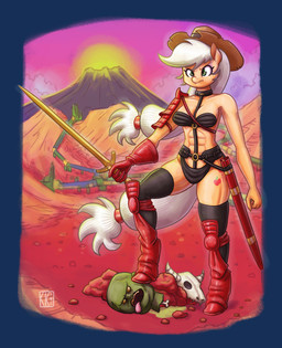 abs anthro armor black_clothing blood bodily_fluids boots border breasts cleavage clothed clothing colored_blood cosplay cow_skull detailed_background female footwear freckled_face freckles gloves green_blood green_eyes hair handwear holding_melee_weapon holding_object holding_sword holding_weapon legwear long_hair melee_weapon muscular muscular_anthro muscular_female orange_body scabbard severed_body_part severed_head shoes shoulder_pads skimpy solo sword tail thigh_boots thigh_highs transparent_border unconvincing_armor unusual_blood unusual_bodily_fluids volcano weapon wearing_hat white_hair king-kakapo friendship_is_magic hasbro heavy_metal_(movie) my_little_pony applejack_(mlp) taarna equid equine horse mammal pony 2019 alpha_channel hi_res
