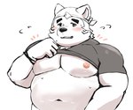 anthro belly blush clothed clothing clothing_lift eyebrows kerchief male musclegut muscular navel nipples overweight overweight_male pecs shirt shirt_lift solo t-shirt thick_eyebrows topwear shimo_kawa lifewonders live_a_hero mokdai canid canine canis domestic_dog mammal hi_res sketch