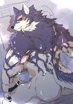 anthro butt fur green_eyes male multicolored_body multicolored_fur nude pawpads red_sclera smile solo sakuhuu lifewonders live_a_hero monomasa canid canine canis domestic_dog husky mammal nordic_sled_dog spitz hi_res