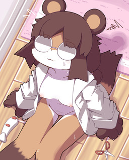 anthro biped bottomless bottomless_anthro bottomless_female brown_body brown_fur brown_hair clothed clothed_anthro clothed_female clothing countershading eyewear female female_anthro floor front_view fur genitals glasses gloves_(marking) hair high-angle_view innie_vulva leg_markings markings mostly_nude mostly_nude_anthro mostly_nude_female obscured_eyes opaque_glasses open_clothing open_topwear plantigrade round_ears scissors shaver sitting sitting_on_ground slim slim_anthro slim_female socks_(marking) solo topwear vulva white_body white_countershading white_fur wood wood_floor crepix canid canine mammal raccoon_dog 2024 cel_shading digital_drawing_(artwork) digital_media_(artwork) shaded