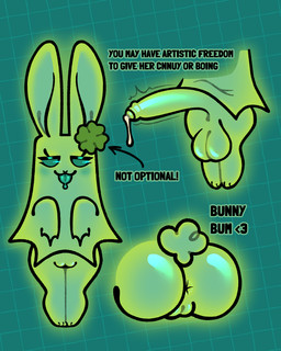anthro anus balls big_balls big_butt big_ears big_penis blush bodily_fluids bubble_butt butt clothed clothing clover_(plant) clover_leaf cotton_tail cum drooling_tongue female four_leaf_clover genital_fluids genitals glowing glowing_body glowing_genitalia glowing_penis green_body gynomorph intersex leaf no_underwear paws penis plant short_tail small_but_hung snout solo tail text throbbing throbbing_penis tongue tongue_out vulva young greenghost339 green_(greenghost339) ghost lagomorph leporid mammal rabbit spirit 4:5 absurd_res english_text hi_res model_sheet