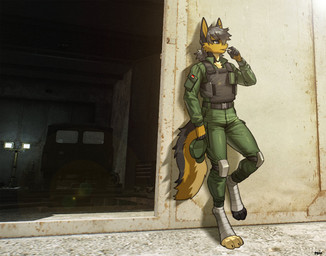 3_toes 5_fingers anthro biped blue_eyes bottomwear cigarette claws clothed clothed_anthro clothed_male clothing feet fingers front_view fully_clothed fully_clothed_anthro fully_clothed_male fur grey_hair grey_tail hair holding_object inner_ear_fluff male military military_clothing military_uniform outside smoking smoking_cigarette solo standing tail toe_claws toes topwear tuft uniform uniformed_male yellow_body yellow_fur yellow_tail pgm300 escape_from_tarkov uaz canid canine mammal 2025 digital_media_(artwork) hi_res